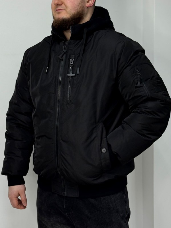 Мужской двухслойный зимний бомбер с имитацией худи dual-layer