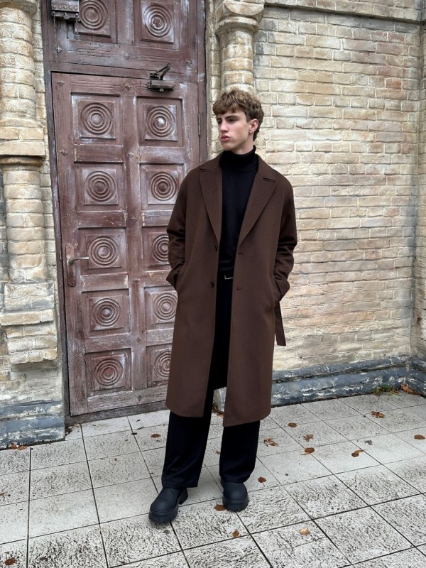 Мужское оверсайз пальто с поясом из шерсти с кашемиром и утеплением premium wool