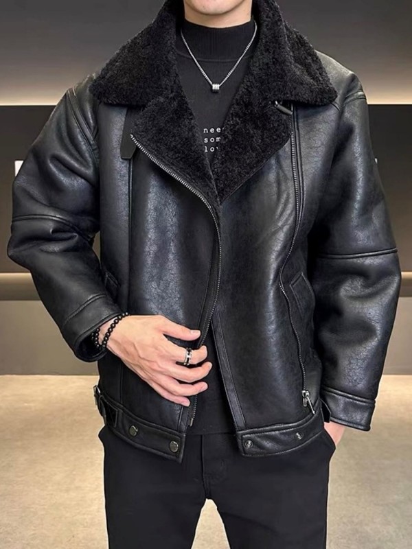 Мужская дубленка из эко-кожи с теплым воротником eco leather jacket