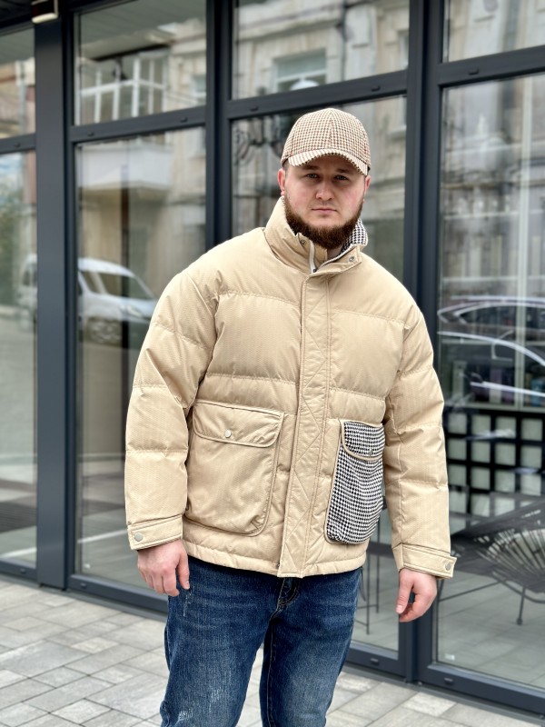 Пуховик в стиле оверсайз с вставками ткани в гусиную лапку