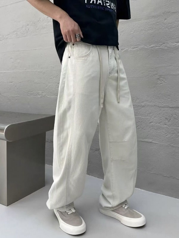 Мужские белые джинсы с шнурком на поясе baggy fit