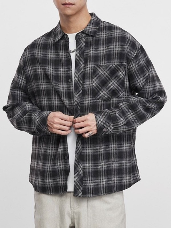 Мужская oversize рубашка в клетку с карманом plaid shirt