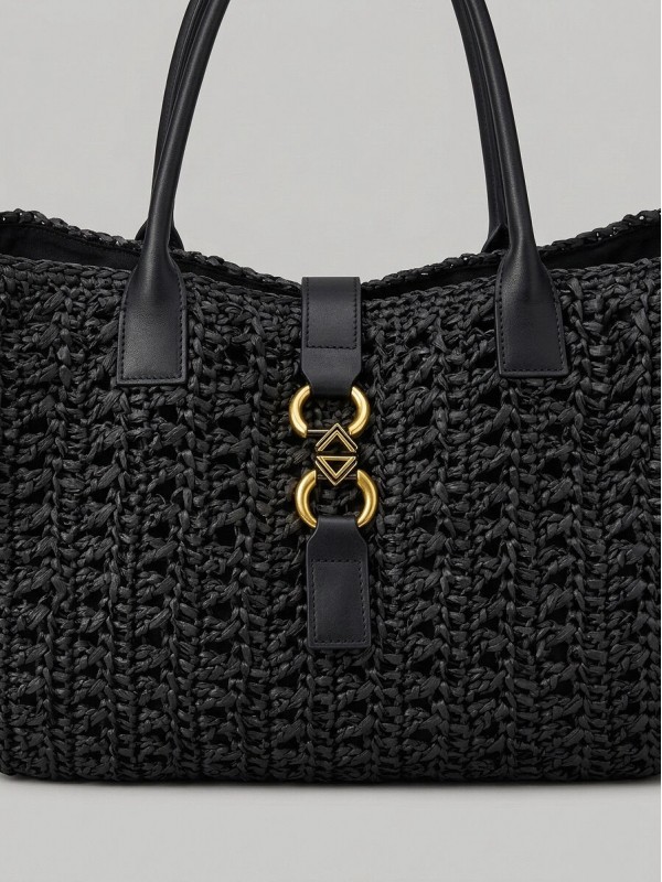 Плетена жіноча сумка з двома ручками black woven bag  -  Зображення 1