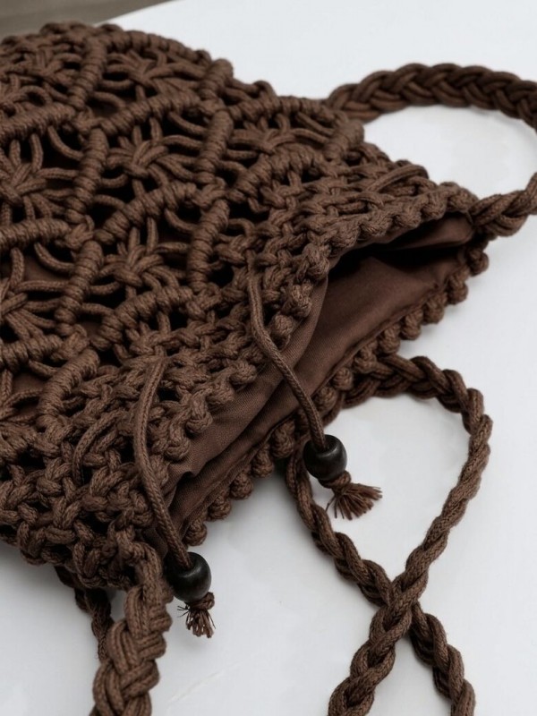 Плетеная женская сумка-мешок из хлопкового шнура brown woven bag  - Изображение 1