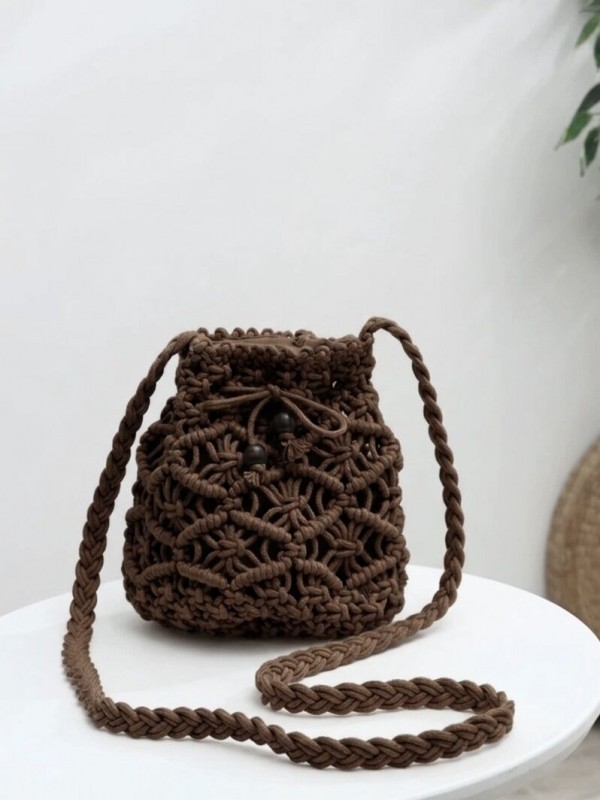 Плетеная женская сумка-мешок из хлопкового шнура brown woven bag  - Изображение 2