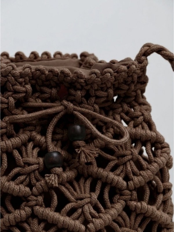 Плетеная женская сумка-мешок из хлопкового шнура brown woven bag  - Изображение 3