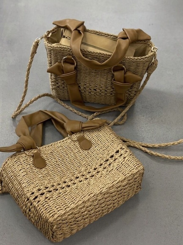 Плетеная женская сумка с двумя ручками beige woven bag