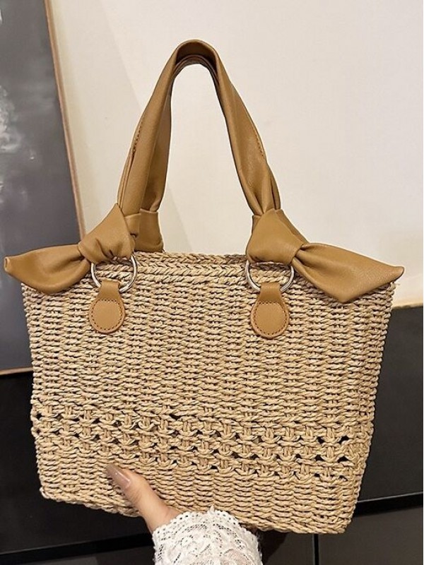 Плетена жіноча сумка з двома ручками beige woven bag  -  Зображення 2