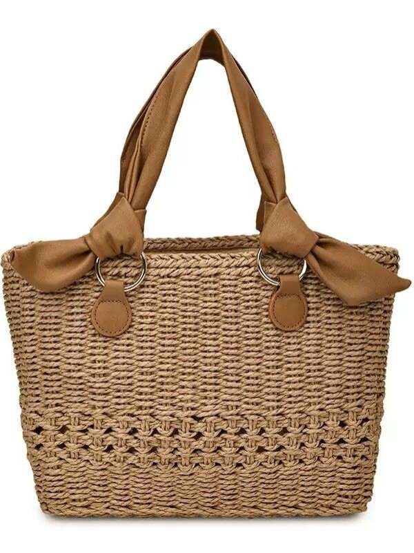 Плетена жіноча сумка з двома ручками beige woven bag  -  Зображення 3