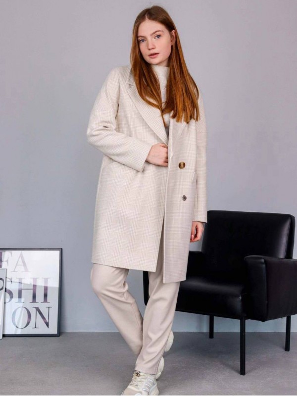 Женское пальто из шерсти в клетку cream plaid coat  - Изображение 1