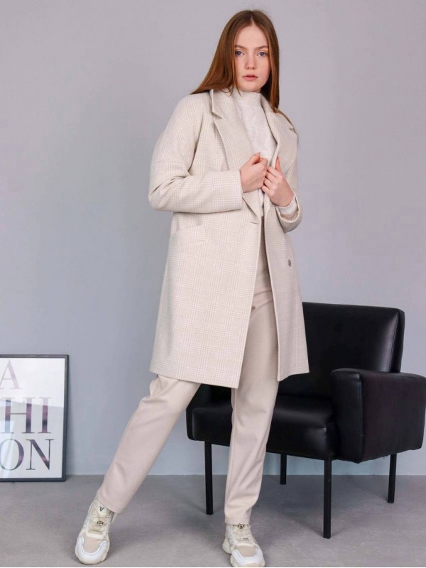Женское пальто из шерсти в клетку cream plaid coat  - Изображение 2