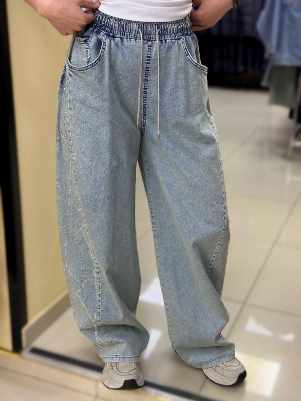  Стильные широкие джинсы со стразами blue baggy
