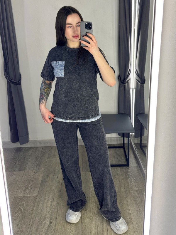 Стильный костюм с футболкой и прямыми штанами denim pocket  - Изображение 1