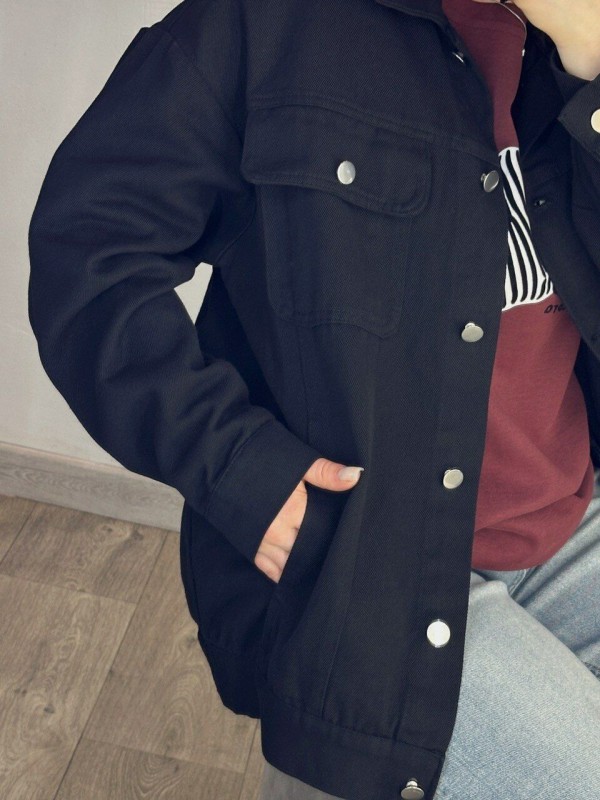 Джинсовая куртка со спущенной линией плеча black jeans jacket  - Изображение 2
